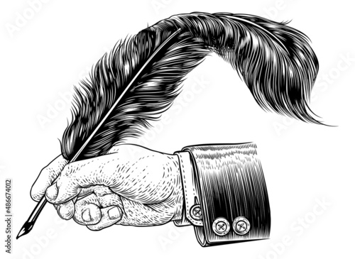 Quill Feather Ink Pen Hand Suit Vintage Woodcut