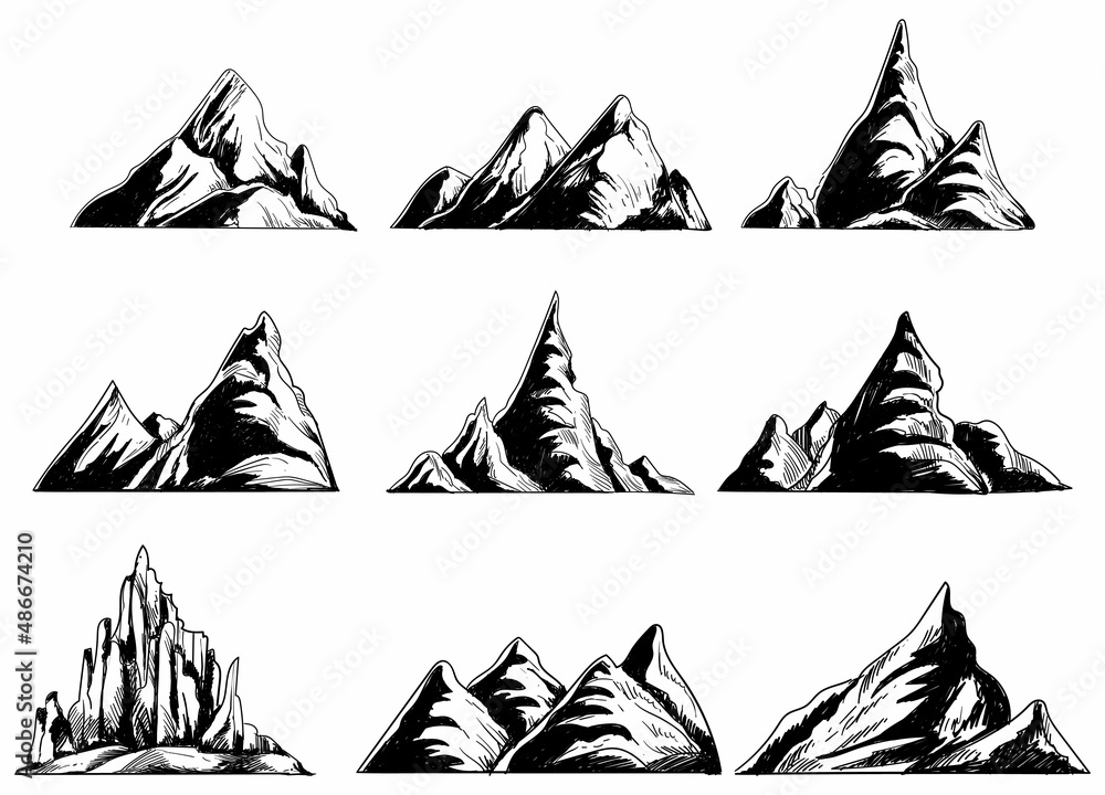 Hand draw monochrome mountains set sketch design