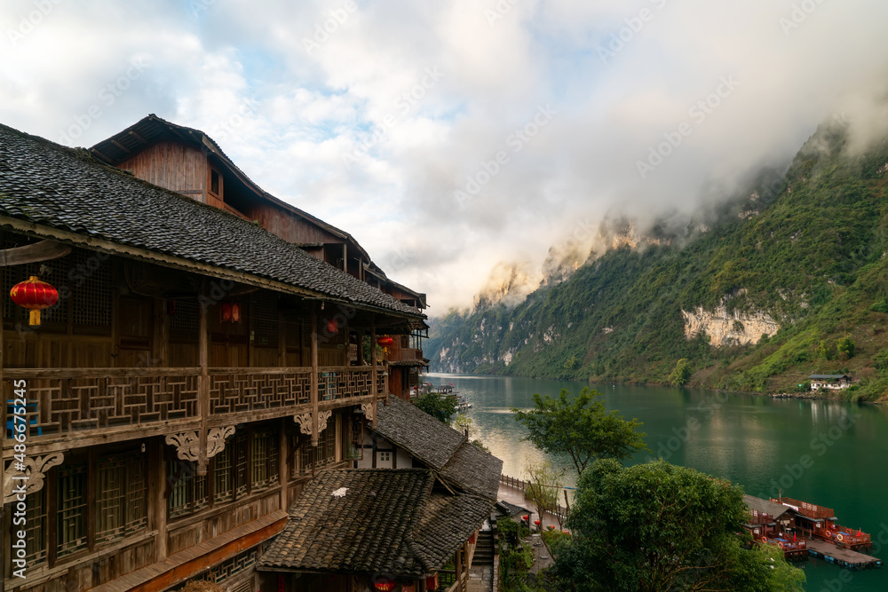 An ancient town by the river in Youyang County, Chongqing, China