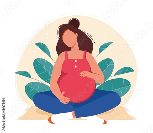 Pregnant woman practicing prenatal yoga vector flat illustration. Healthy pregnancy concept. Future mother doing aerobic exercise, meditation and stretching isolated. Female enjoy healthy lifestyle