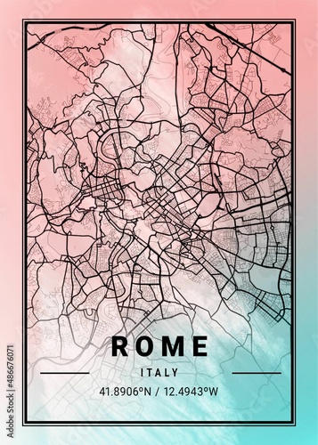 Fotografie, Obraz Rome Neptune Watercolor Map