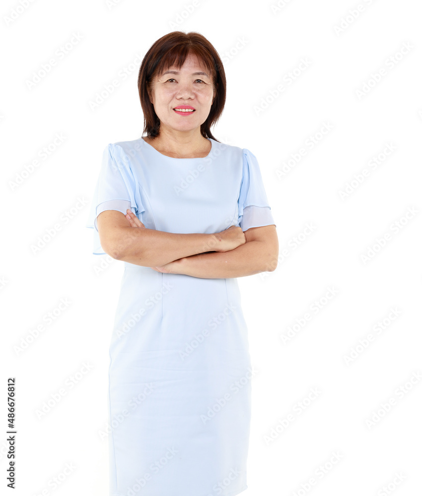 Studio closeup cutout isolated shot of Asian friendly senior grandmother female model in casual outfit standing smiling on white background. Studio closeup cutout isolated shot of Asian friendly senior grandmother female model in casual outfit standing smiling on white background.