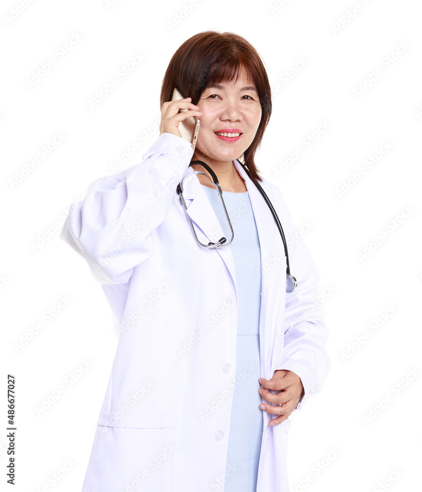 Portrait studio closeup cutout isolated shot Asian professional senior female doctor model in lab coat uniform smiling wearing holding stethoscope listening to patient heartbeat on white background Portrait studio closeup cutout isolated shot Asian professional senior female doctor model in lab coat uniform smiling wearing holding stethoscope listening to patient heartbeat on white background