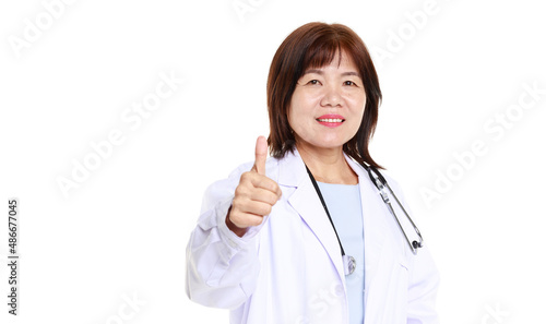 Portrait studio closeup cutout isolated shot Asian professional senior female doctor model in lab coat uniform smiling wearing holding stethoscope listening to patient heartbeat on white background