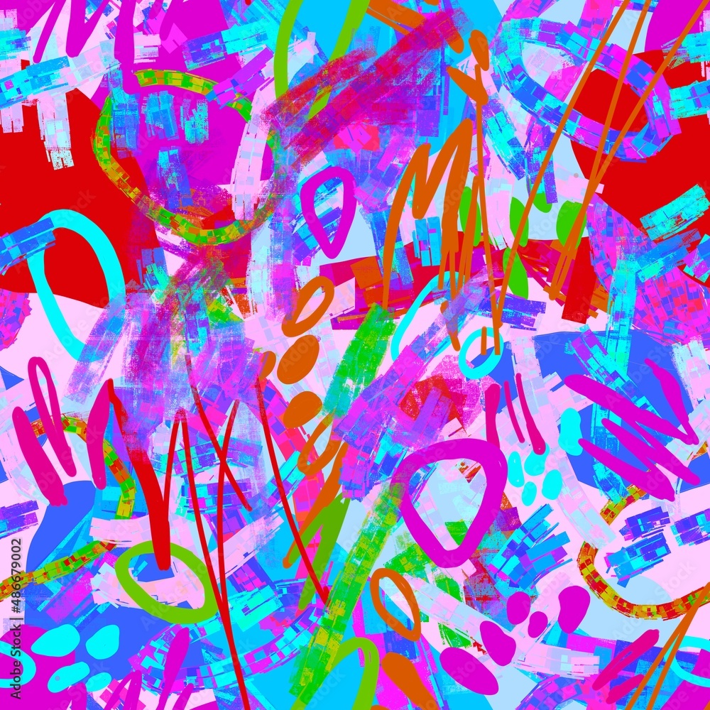 Bright neon abstract pattern with chaotic spots, blots, lines Trendy doodle, scrawl, scribble and handwriting fashion design