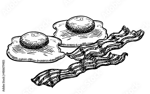 Eggs with bacon. Fried egg with fried bacon isolated on white background . Vector illustration in sketch style. Vector sketch illustration