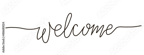 Welcome. Single line written hand drawn phrase lettering design. Handwritten by one line. Calligraphic inscription with smooth lines. Vector illustration