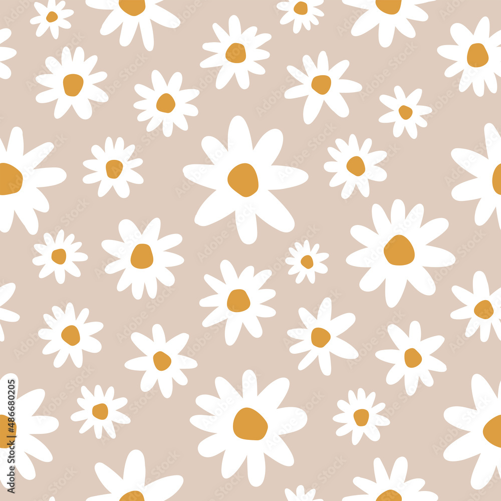 Vector seamless pattern with daisies and beige background