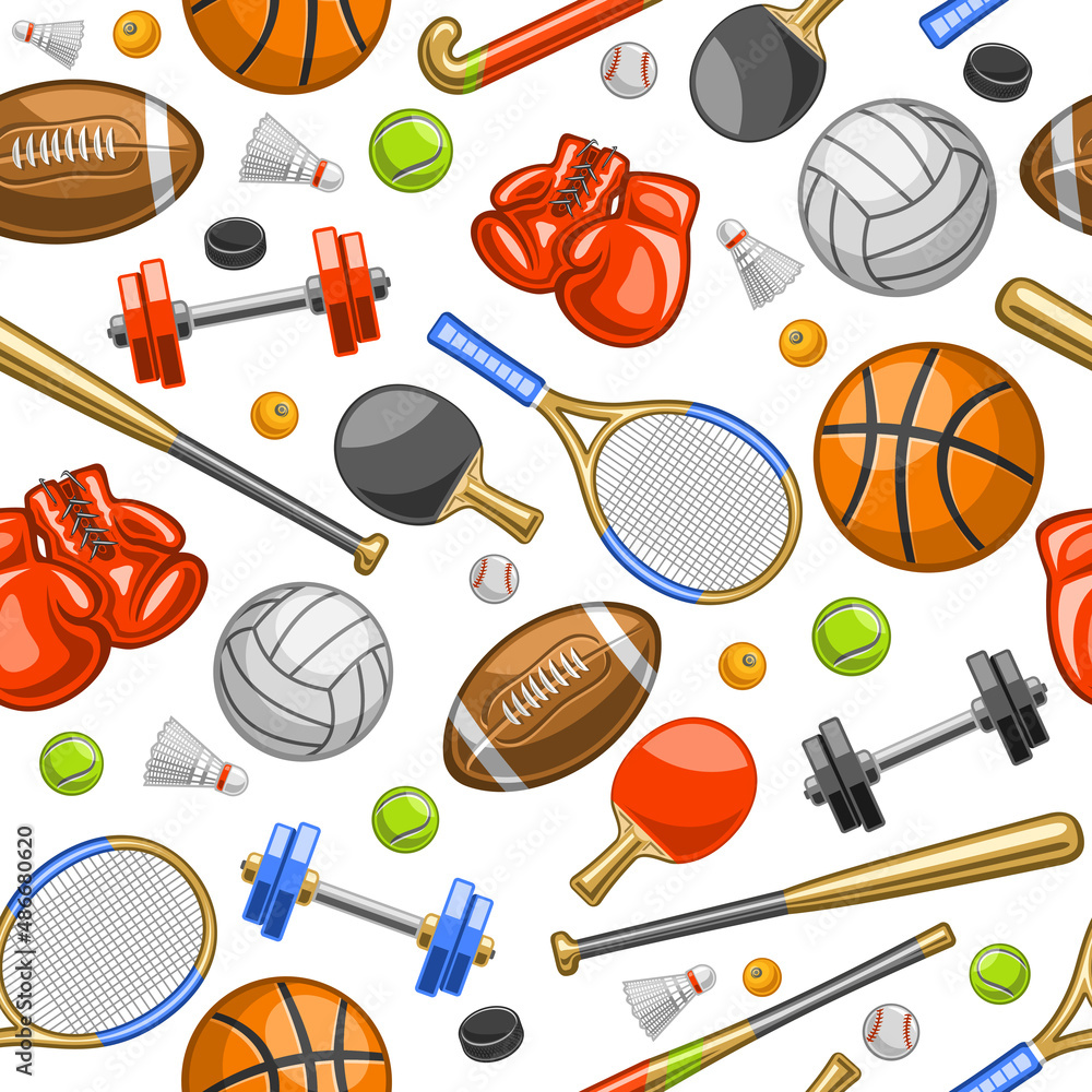 Vector Sports Seamless Pattern, square repeating background with cut out  illustrations of various summer sport gear, red leather boxing gloves,  tennis racquets and sports balls on white background Stock Vector