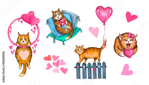 Watercolor funny red cats for Valentine's Day isolated on a white background. Cute kittens in love set. Cartoon funny animals with hearts. Hand drawn illustrations