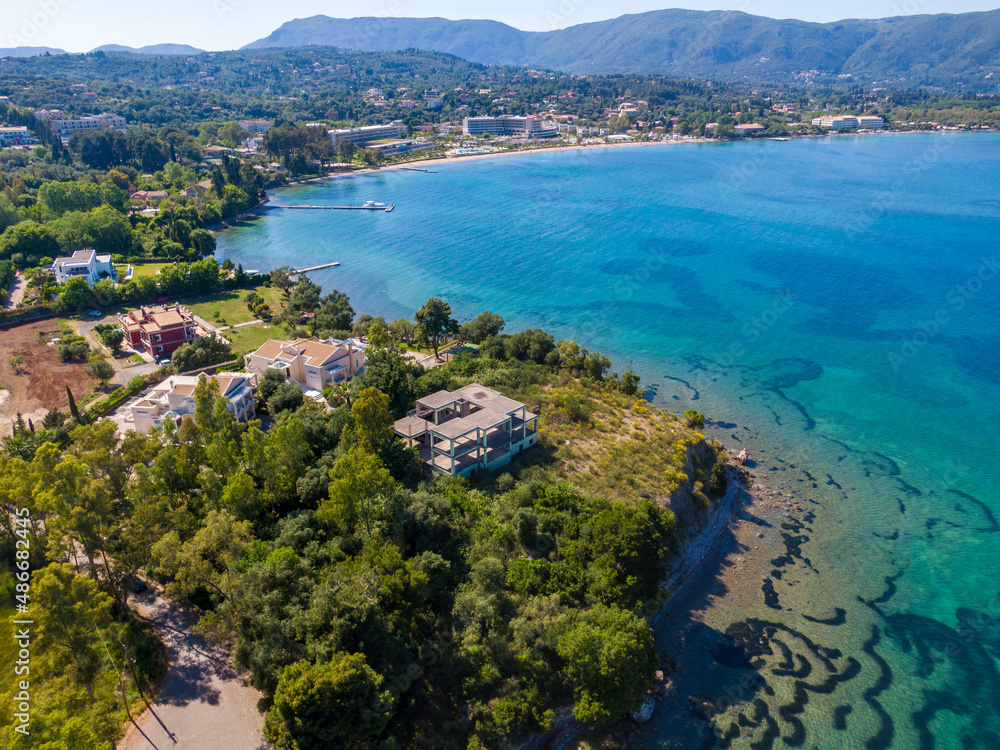 Aerial drone view of Agios Nikolaos Beach in dasia corfu greece