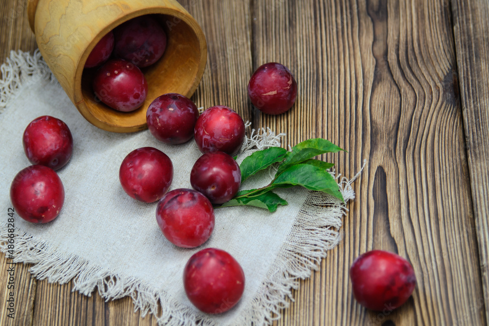 Large ripe plums spilled out of an overturned wicker basket onto a napkin on the table Large ripe plums spilled out of an overturned wicker basket onto a napkin on the table