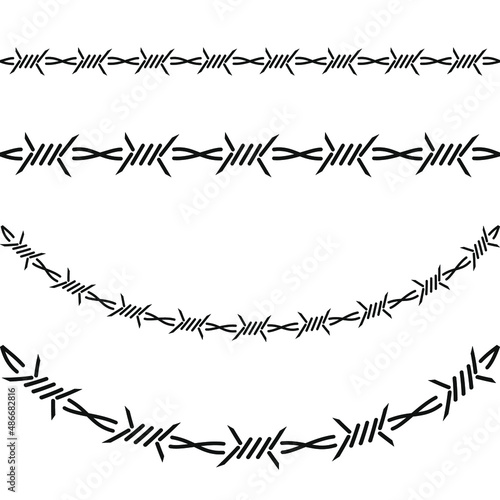 Barbed wire set, straight and curved arc, vector illustration, flat silhouette 