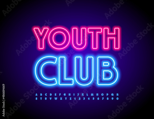 Vector glowing logo Youth Club. Blue Neon Alphabet Letters and Numbers set. Illuminated Led Font
