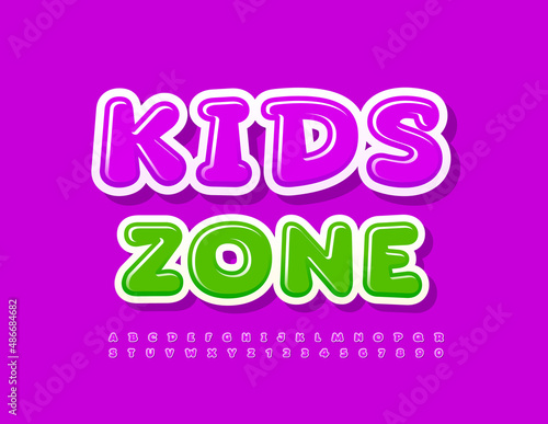 Vector funny banner Kids Zone. Set of Purple Alphabet Letters and Numbers set. Playful happy Font