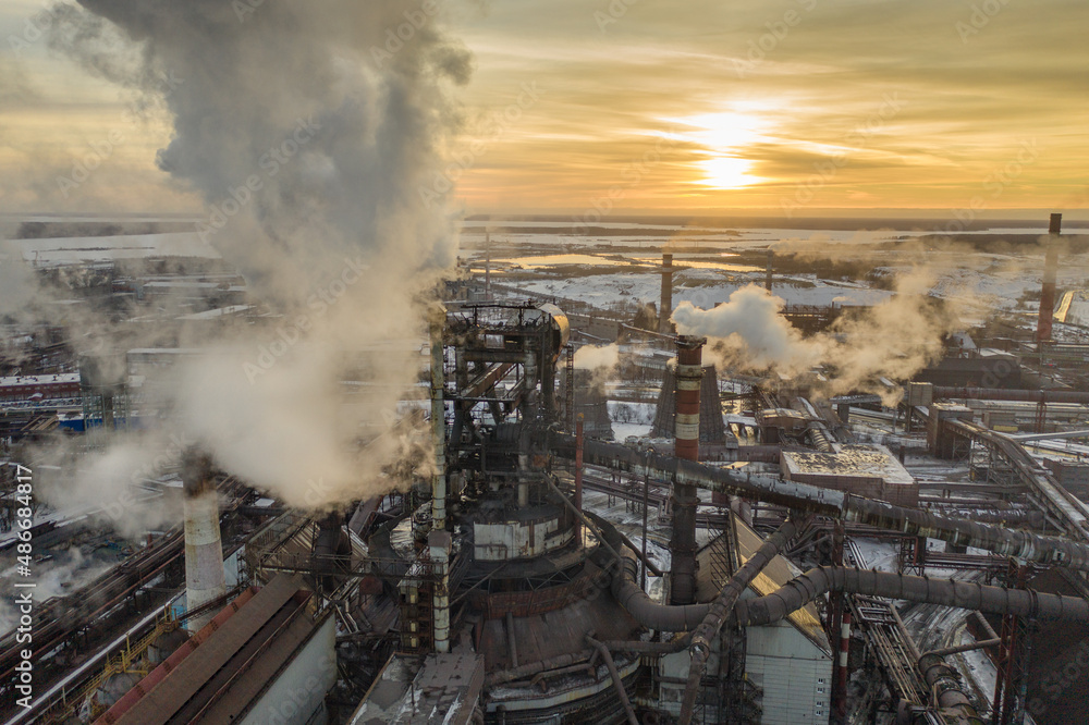 Мetallurgical plant Severstal. Environmental problems of industry/ Bird's eye view. March 2021