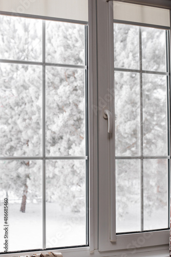 Lovely view on snowy trees and ground through large closed house window with white frames. Copy space. Enjoying winter time full of white colors at home.