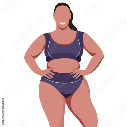 vector illustration on the theme of body positive. a young juicy plump girl is not shy about her belly fat rolls. isolated on white background. love and accept your body. love yourself