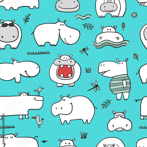 Hippopotamus family, cute hippo characters. Seamless Pattern Background for y...