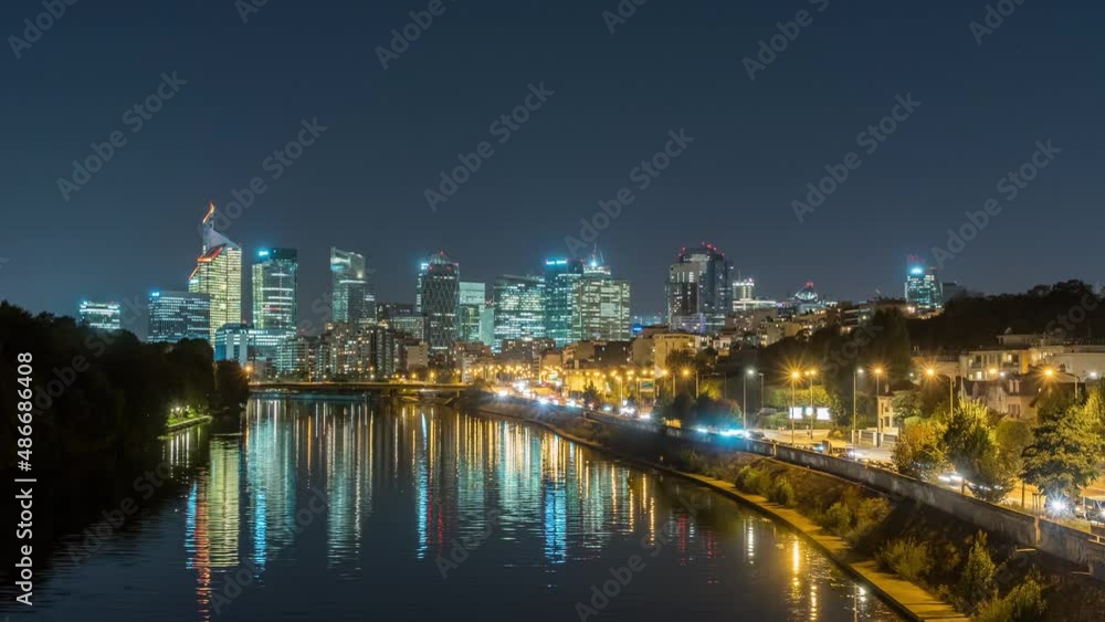 Night Life at La Defense Business District Paris Traffic Seine River Buildings Night Life at La Defense Business District Paris Traffic Seine River Buildings