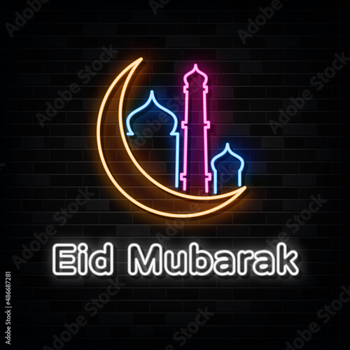 eid mubarak neon sign. design element. light banner. announcement neon signboard.