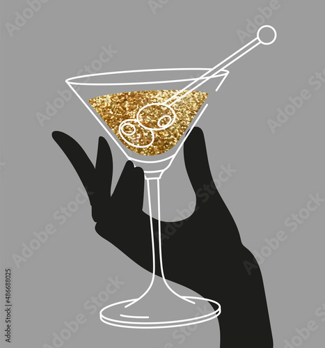Woman’s hand holding glass of martini with olives. Flat illustration for greeting cards, postcards, invitations, menu design. Line art template
