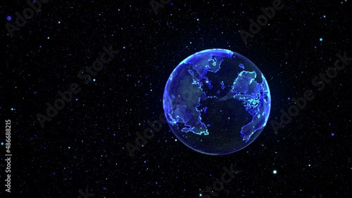 Glowing earth in space. Global network. Blue world map conposition with dots. 3d rendering.