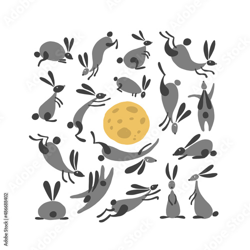 Funny rabbits. Mid-autumn festival elements. Bunny collection. Vector illustr...