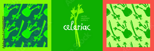 Vector celeriac wallpaper. Hand drawn seamless pattern with celery illustrations. Vegetarian restaurant banner template. Green ornament. Vegetable drawings for organic food label, vegan packaging.