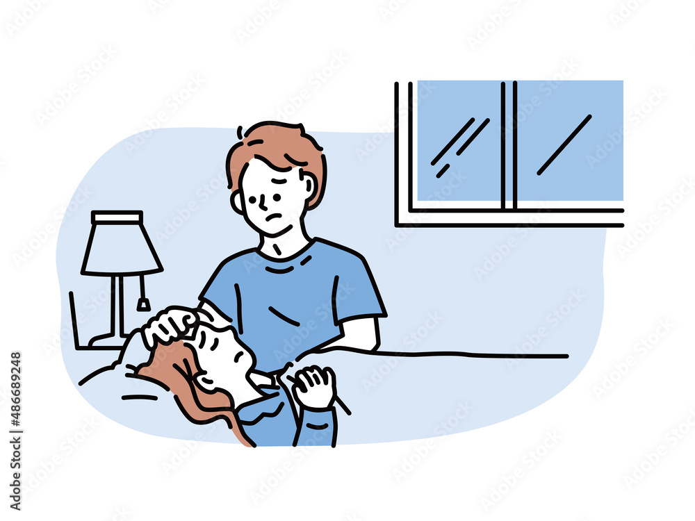 体調不良、看病するイラスト(風邪、熱、病気、寝込む、疲れ、健康) Illustration of ill health and nursing.Cold, fever, illness, sleep, fatigue, health. 体調不良、看病するイラスト(風邪、熱、病気、寝込む、疲れ、健康) Illustration of ill health and nursing.Cold, fever, illness, sleep, fatigue, health.