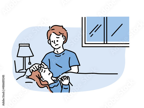 体調不良、看病するイラスト(風邪、熱、病気、寝込む、疲れ、健康) Illustration of ill health and nursing.Cold, fever, illness, sleep, fatigue, health.