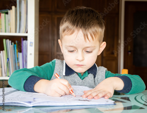6 years old caucasian boy learning at home mathematics. Elementary age.