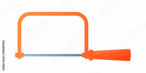 Vector illustration hacksaw with orange handle isolated on white background. Carpenter or repairmen handsaw vector icon in flat cartoon style. Construction tool. Saw for cutting metal and tree.