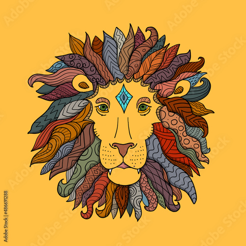 Hand drawn outline lion head decorated with abstract doodle zentangle ornamen...