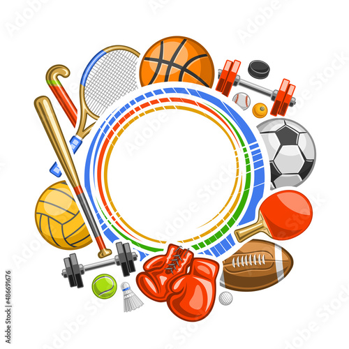 Vector Frame for Sports Equipment with copy space for text, decorative marketing concept with illustration of variety summer sport gear, leather boxing gloves and tennis racquets on white background