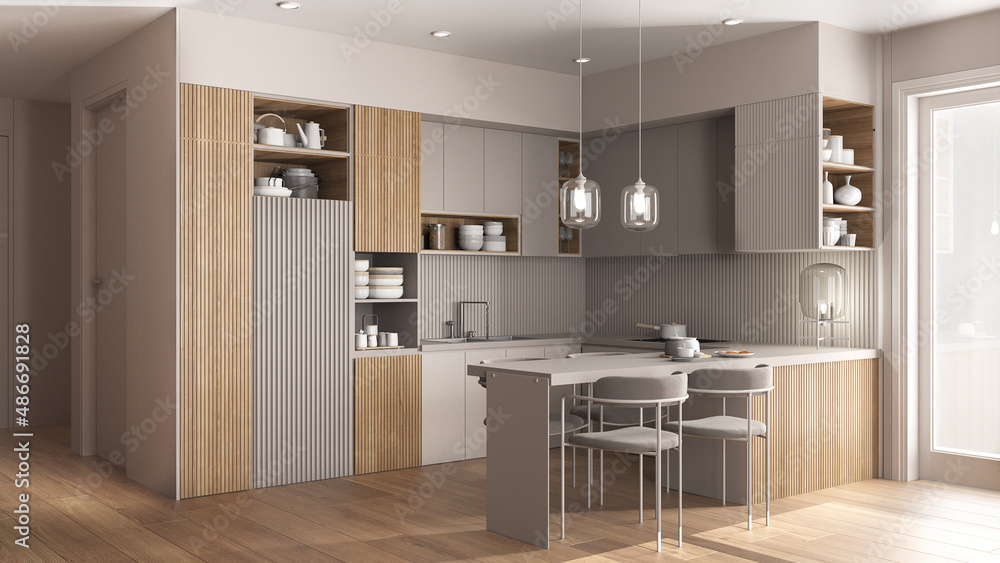 Modern beige and wooden kitchen and dining room in cozy apartment, table with velvet chairs. Cabinets and shelves with potteries, pans and appliances. Parquet, interior design idea