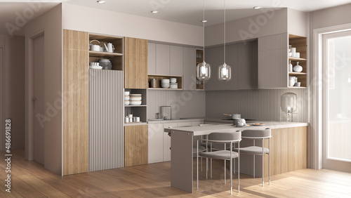 Modern beige and wooden kitchen and dining room in cozy apartment  table with velvet chairs. Cabinets and shelves with potteries  pans and appliances. Parquet  interior design idea