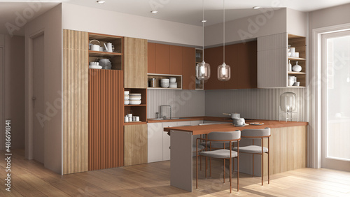 Modern orange and wooden kitchen and dining room in cozy apartment, table with velvet chairs. Cabinets and shelves with potteries, pans and appliances. Parquet, interior design idea