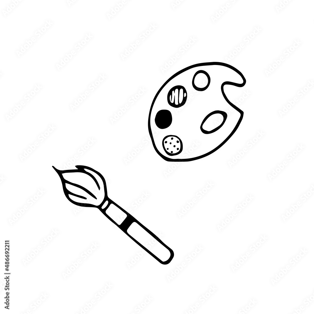 Hand drawn doodle paint palette and paintbrush. Black and white clip art. Outline. Hand drawn doodle paint palette and paintbrush. Black and white clip art. Outline.