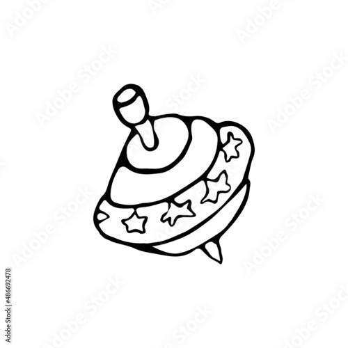 Hand drawn doodle toy whirligig. Black and white spinning top. Outline.