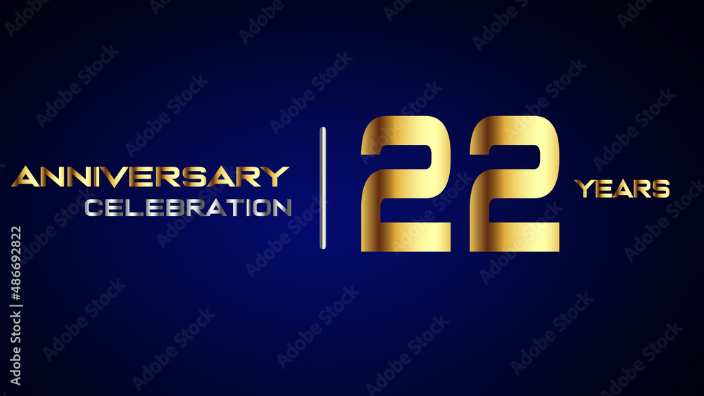 22 year gold anniversary celebration logo, isolated on blue background
