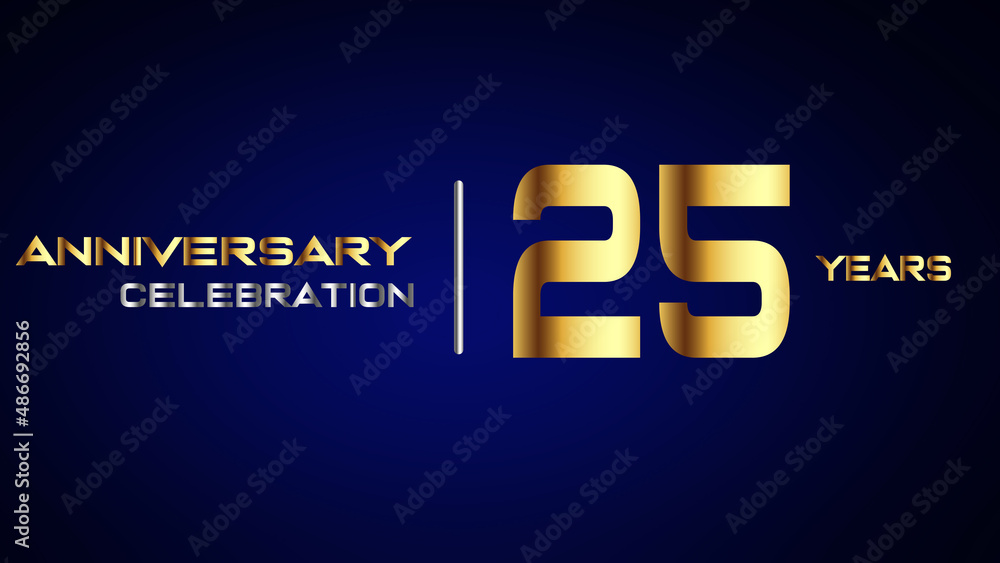 25 year gold anniversary celebration logo, isolated on blue background