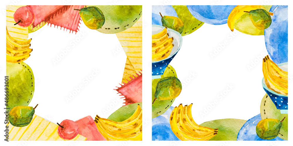 Set of colored square watercolor cards with fruits on isolated white ...