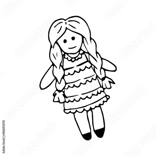 Hand drawn doodle doll with doll in dress. Vector children's toy. Doll with pigtails. Outline.
