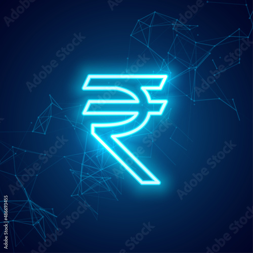 rupee symbol in blue neon glowing light effect