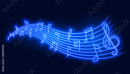musical pentagram sound waves notes in blue neon style