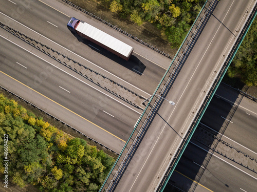 Aerial top down shot. Lorry truck on the highway.
