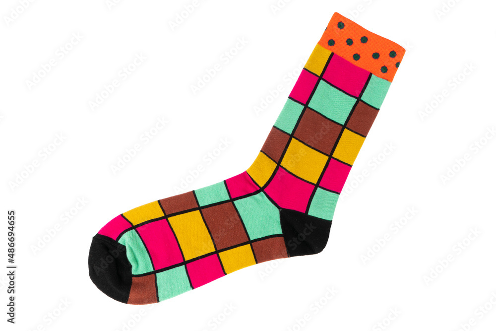 One sock with different lines isolated on white background. Colorful sock  son white background. Colored socks on the leg isolated on white background  Photos | Adobe Stock