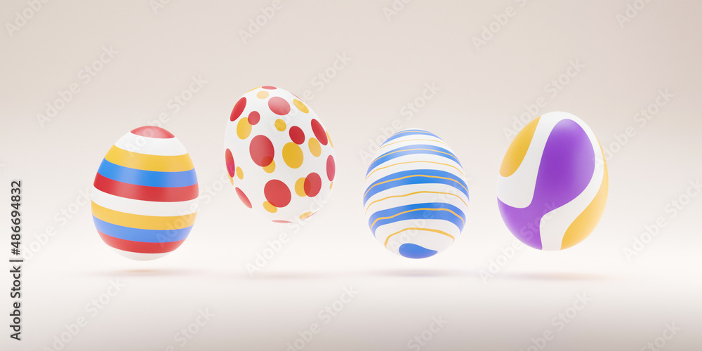 3D Eggs levitating on beige background. easter eggs colorful decoration background. minimal holiday style design. 3d rendering. Natural creative composition render illustration