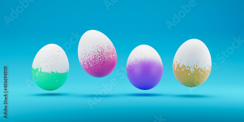 3D rendering of Falling levitation easter eggs with different pattern on blue background. Colorful Easter eggs on pastel blue background. Creative design. 3d rendering